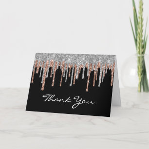 Silver Rose Gold Glitter Drip Black 40th Birthday Letterpress Thank You Card
