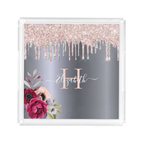 Silver rose gold glitter drip pink floral monogram acrylic tray