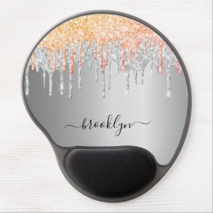 Silver rose gold glitter drip sparkle monogram gel mouse pad