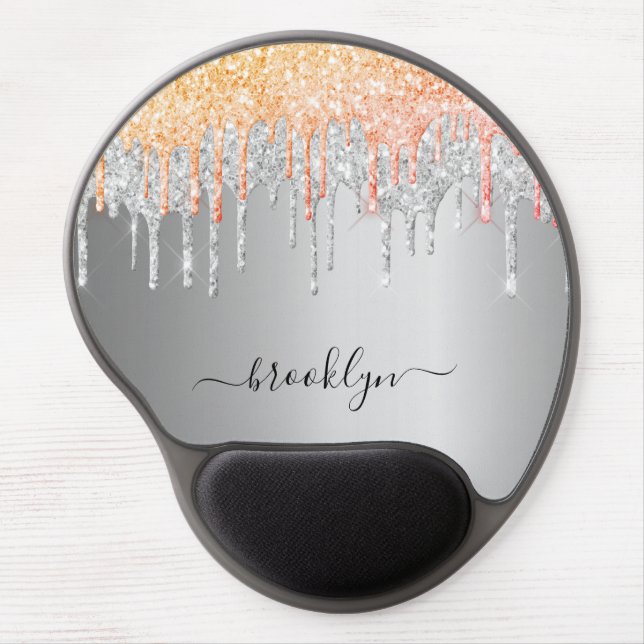 Silver rose gold glitter drip sparkle monogram gel mouse pad (Front)