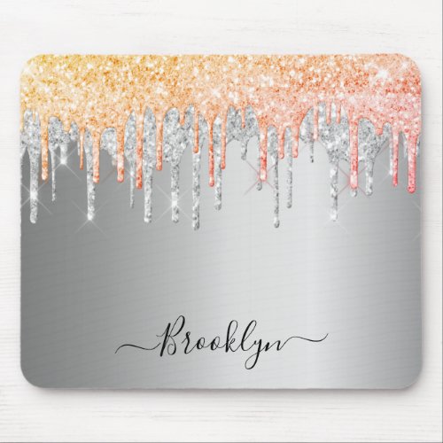 Silver rose gold glitter drip sparkle monogram mouse pad