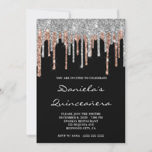Silver Rose Gold Glitter Drips Black Quinceañera Invitation