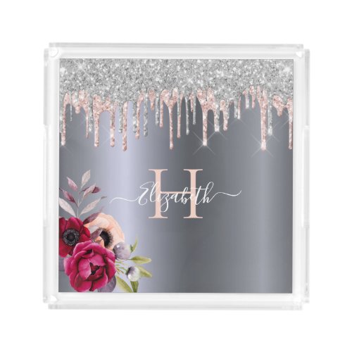 Silver rose gold glitter drips flowers monogram acrylic tray
