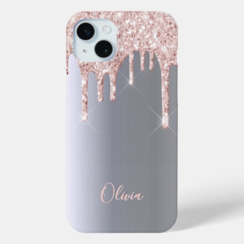 Silver rose gold glitter drips girly name iPhone 15 plus case