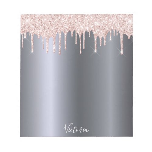 Silver rose gold glitter drips metallic name notepad