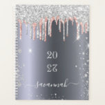 Silver rose gold glitter drips monogram 2023 planner<br><div class="desc">A faux silver metallic looking background with elegant rose gold, pink and faux silver glitter drips, paint drip look. Template for a year (upside down) Personalize and add a name. The name is written in white with a large modern hand lettered style script. Perfect for school, work or organizing your...</div>