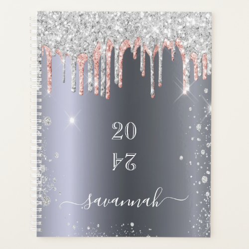 Silver rose gold glitter drips monogram 2024 planner