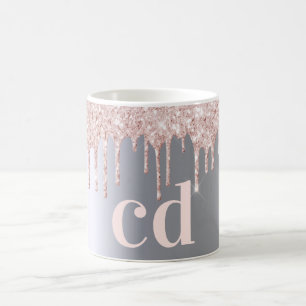 Silver rose gold glitter drips monogram coffee mug