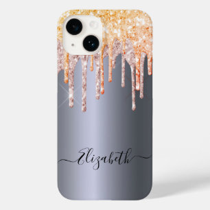 Silver rose gold glitter drips monogram name Case-Mate iPhone 14 case