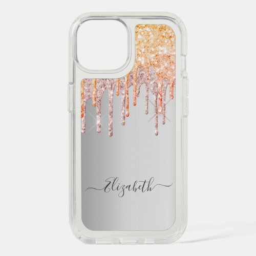 Silver rose gold glitter drips monogram iPhone 15 case