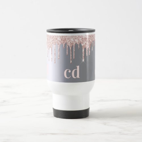 Silver rose gold glitter drips monogram travel mug