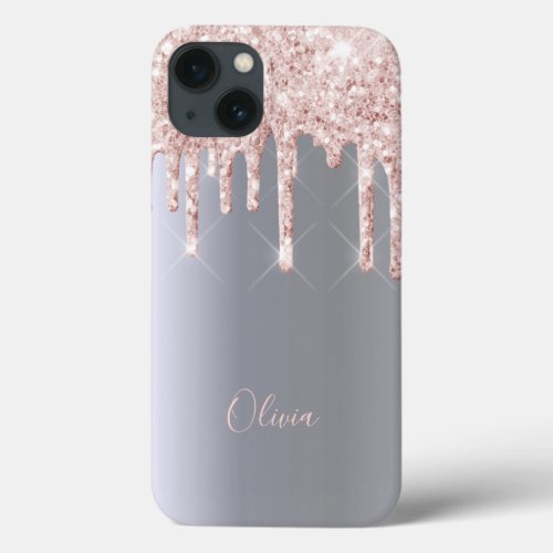 Silver rose gold glitter drips name iPhone 13 case