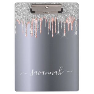 Silver rose gold glitter drips name script clipboard