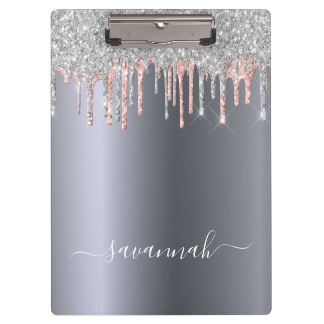 Silver rose gold glitter drips name script clipboard (Front)