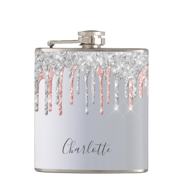 Silver rose gold glitter drips pink monogram flask (Front)