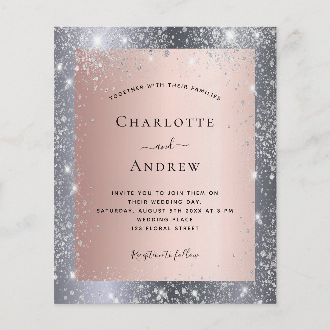 Silver rose gold glitter elegant wedding budget flyer | Zazzle