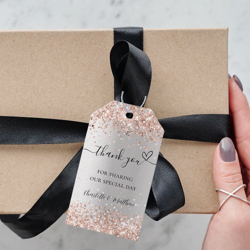 Silver rose gold glitter heart thank you wedding gift tags