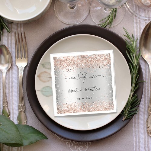 Silver rose gold glitter mr mrs heart wedding napkins