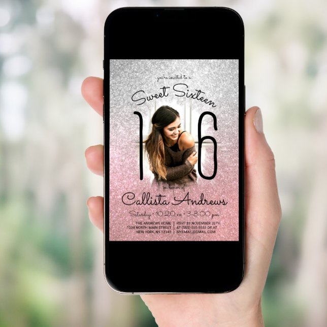 Silver Rose Gold Glitter Ombre Halo Photo Sweet 16 Invitation (Front Digital)