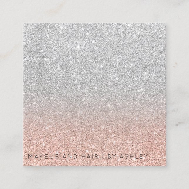 Silver rose gold glitter ombre makeup professional square business card (Front)