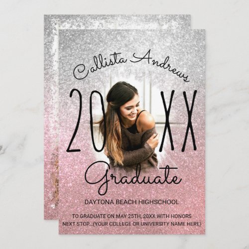 Silver Rose Gold Glitter Ombre Photo Graduation Announcement