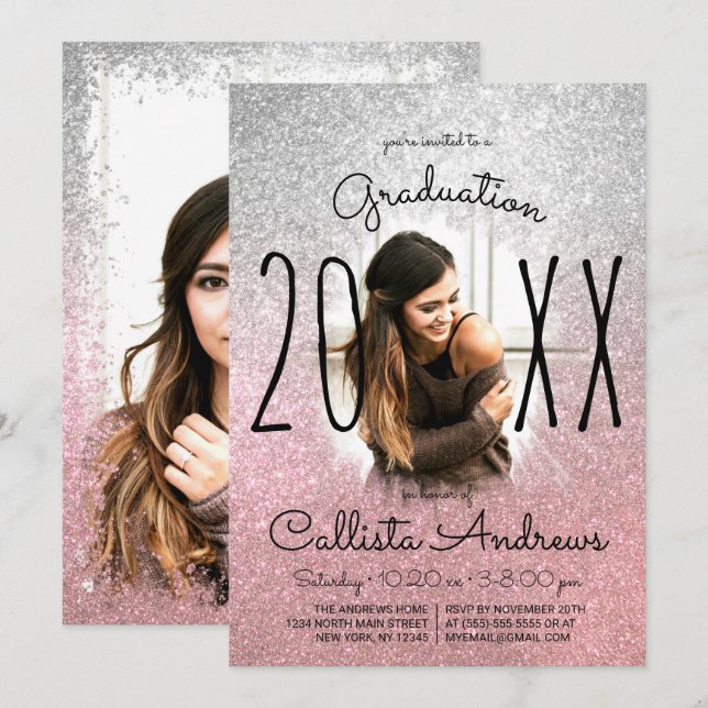 Silver Rose Gold Glitter Ombre Photo Graduation Invitation (Front/Back)