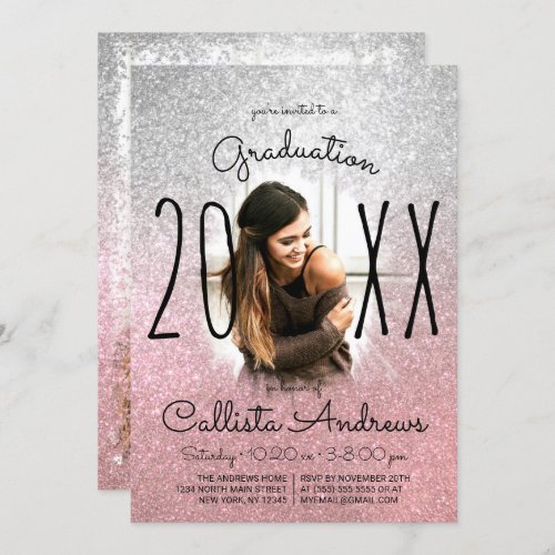 Silver Rose Gold Glitter Ombre Photo Graduation Invitation