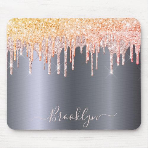 Silver rose gold glitter sparkle pink monogram mouse pad