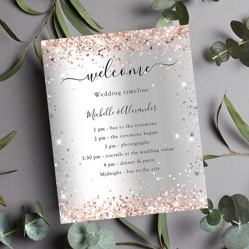 Silver rose gold glitter wedding program