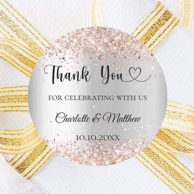 Silver rose gold heart thank you wedding classic round sticker (Creator Uploaded)