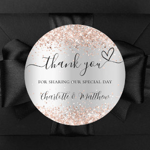 Silver rose gold heart thank you wedding classic round sticker