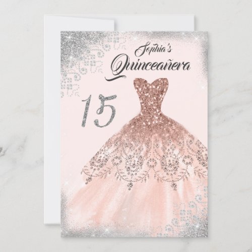 Silver Rose Gold Lace Diamond Gown Quinceanera Invitation