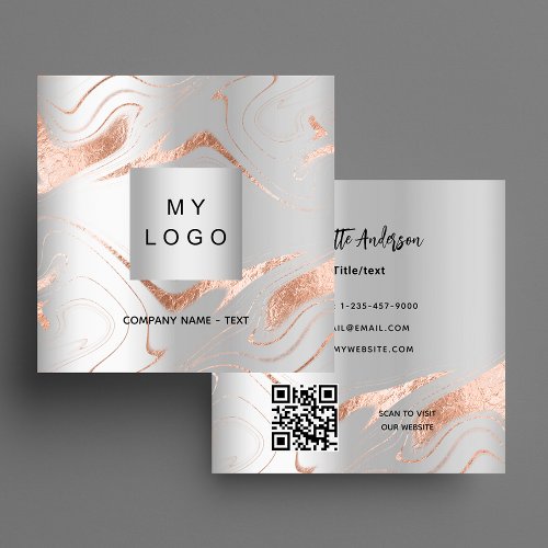 Silver rose gold marble corporate logo QR code Square Business Card