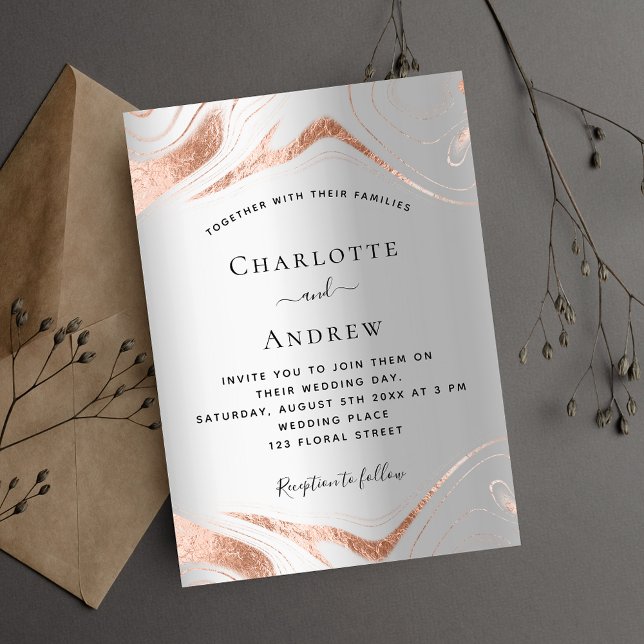Silver rose gold marble luxury wedding invitation (Creator Uploaded)