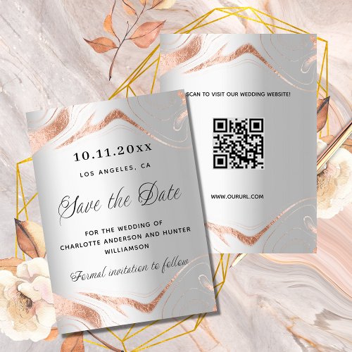 Silver rose gold marble modern QR code wedding Save The Date