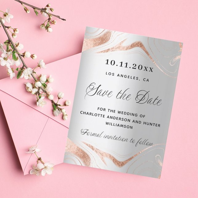 Silver rose gold marble modern wedding save the date (Creator Uploaded)