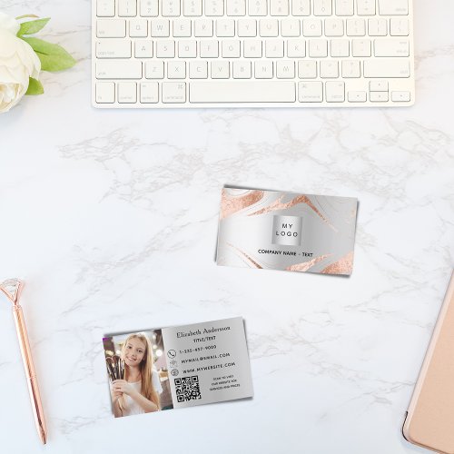 Silver rose gold marble photo QR code logo Business Card