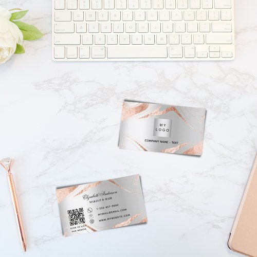 Silver rose gold marble QR code corporate logo Business Card