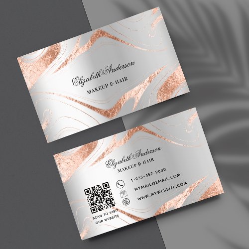 Silver rose gold marble QR code elegant Business Card