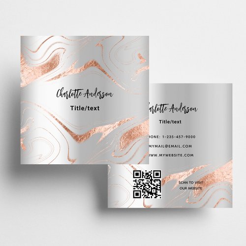 Silver rose gold marble QR code elegant Square Business Card