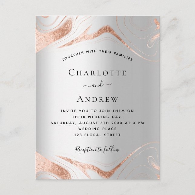 Silver rose gold marble wedding invitation postcard (Front)