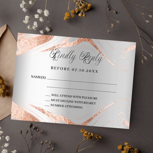 Silver rose gold marble wedding response RSVP Note Card