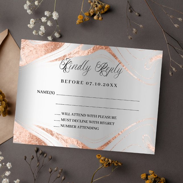 Silver rose gold marble wedding response RSVP Note Card (Creator Uploaded)