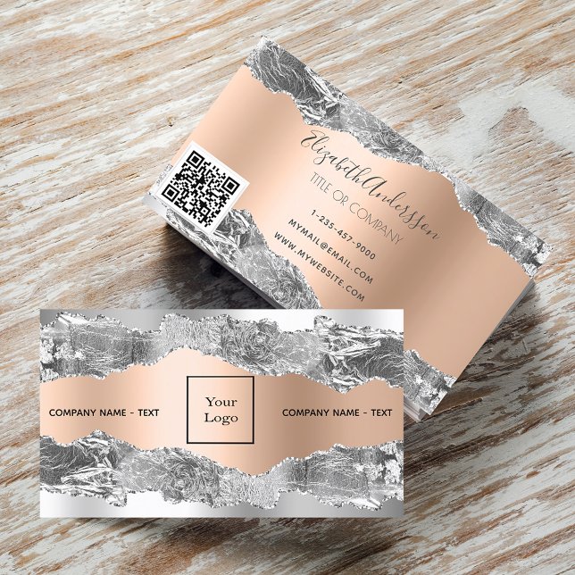 Silver rose gold metal agate marble logo QR code Business Card (Creator Uploaded)