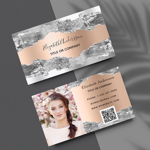 Silver rose gold metal agate marble QR code photo Business Card