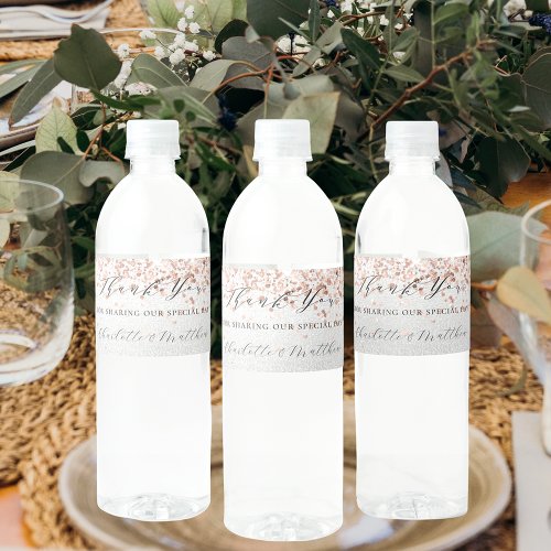 Silver rose gold modern wedding thank you water bottle label