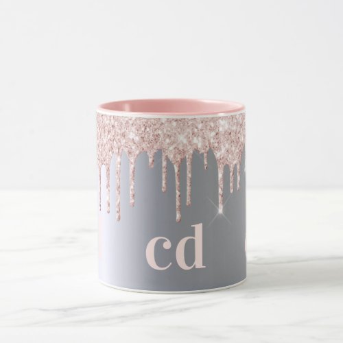 Silver rose gold monogram glitter drips mug