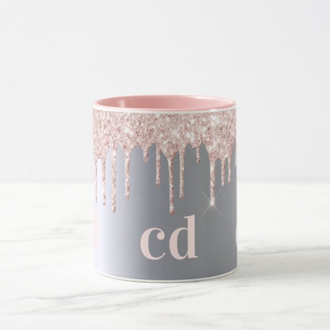 Silver rose gold monogram glitter drips mug (Center)