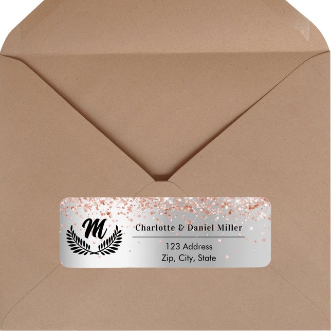 Silver rose gold monogram return address label (Creator Uploaded)