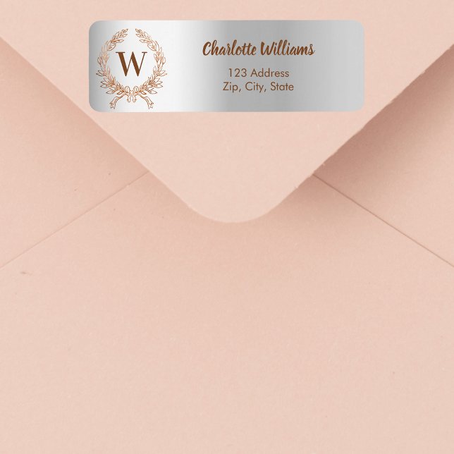 Silver rose gold monogram wreath return address label (Creator Uploaded)
